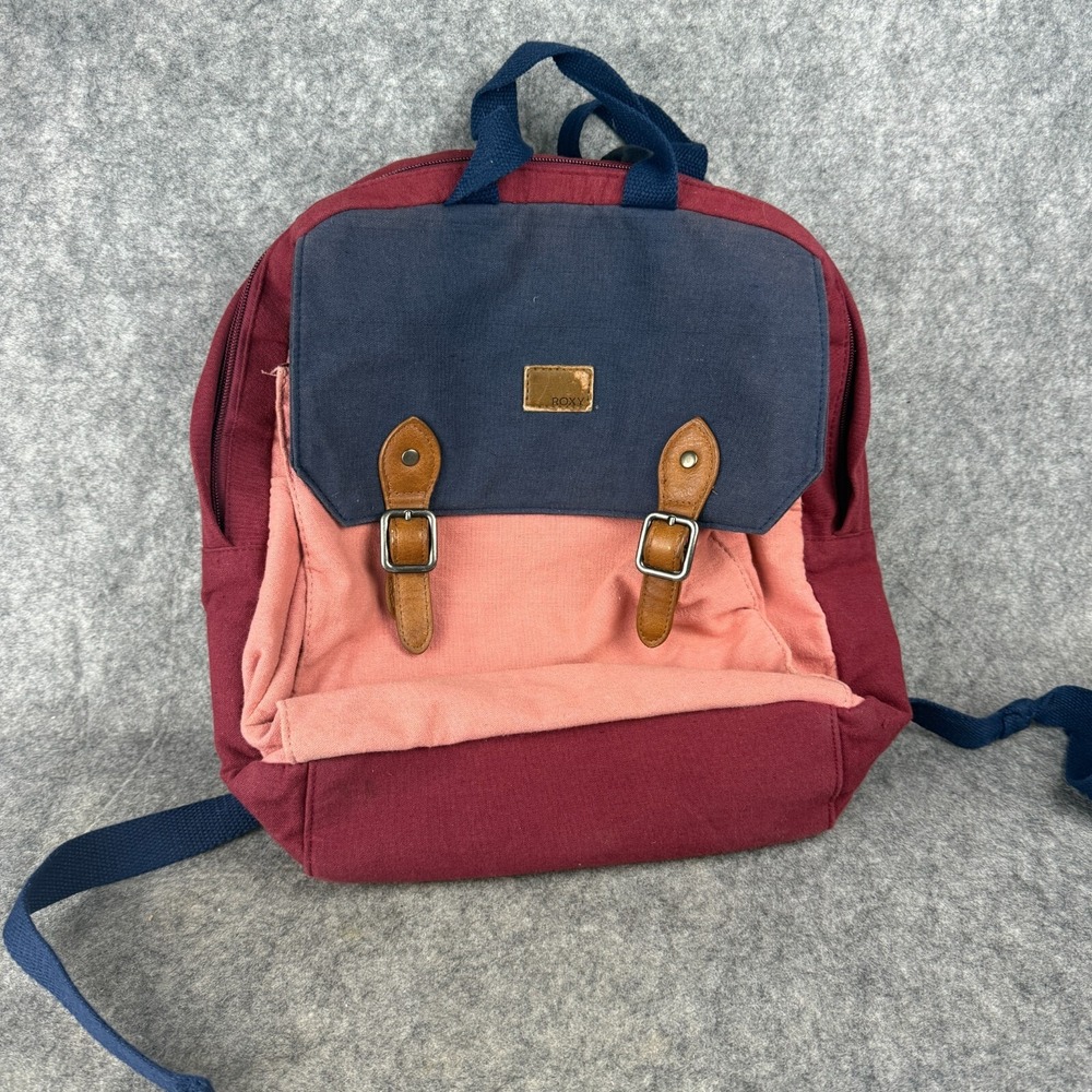 Roxy Buckle Backpack Burgundy Pink Blue Tan Laptop Compartment 100% Cotton‎